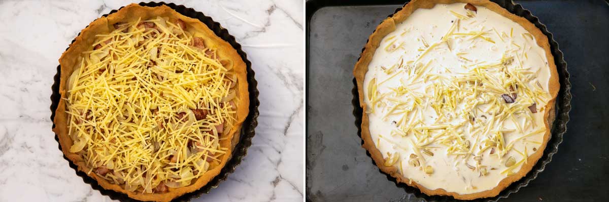 Collage of 2 images showing a quiche from above before and after adding the egg custard filling.