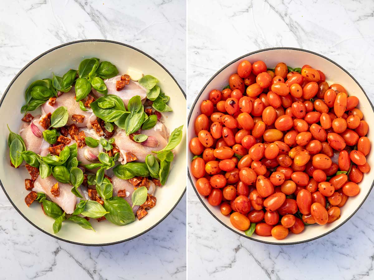 Collage of 2 images showing chicken, chorizo, garlic and basil layered in a pan and the same pan with cherry tomatoes piled on top.