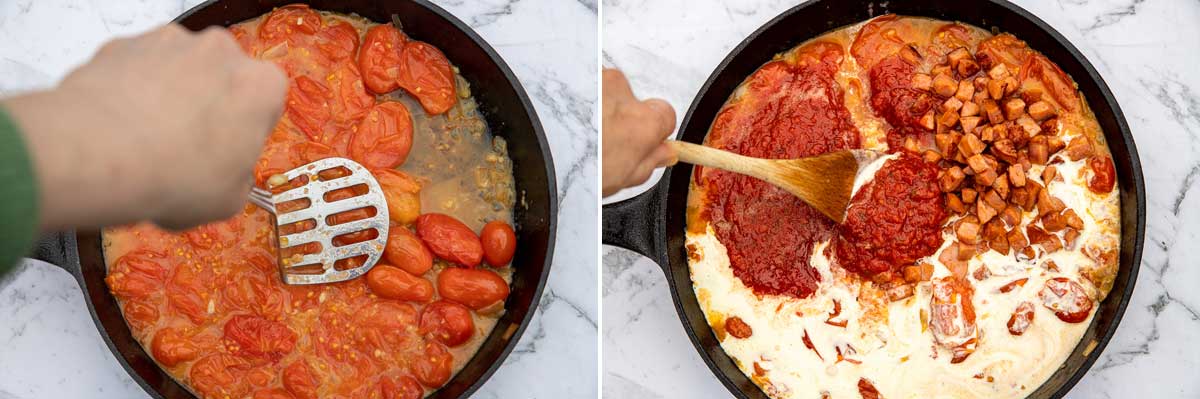 Collage of 2 images showing someone stirring a pan of cherry tomatoes and then adding passata, chorizo and cream from above.