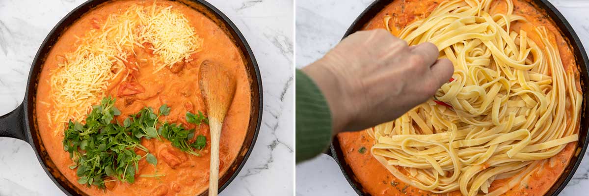 Collage of 2 images showing a cast iron pan of creamy chorizo pasta sauce with basil and parmesan in it and then with tagliatelle pasta being stirred in.