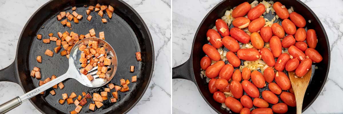 Collage of 2 images showing someone lifting chorizo cubes out of a cast iron pan and stirring a pan of tomatoes, garlic and onion.