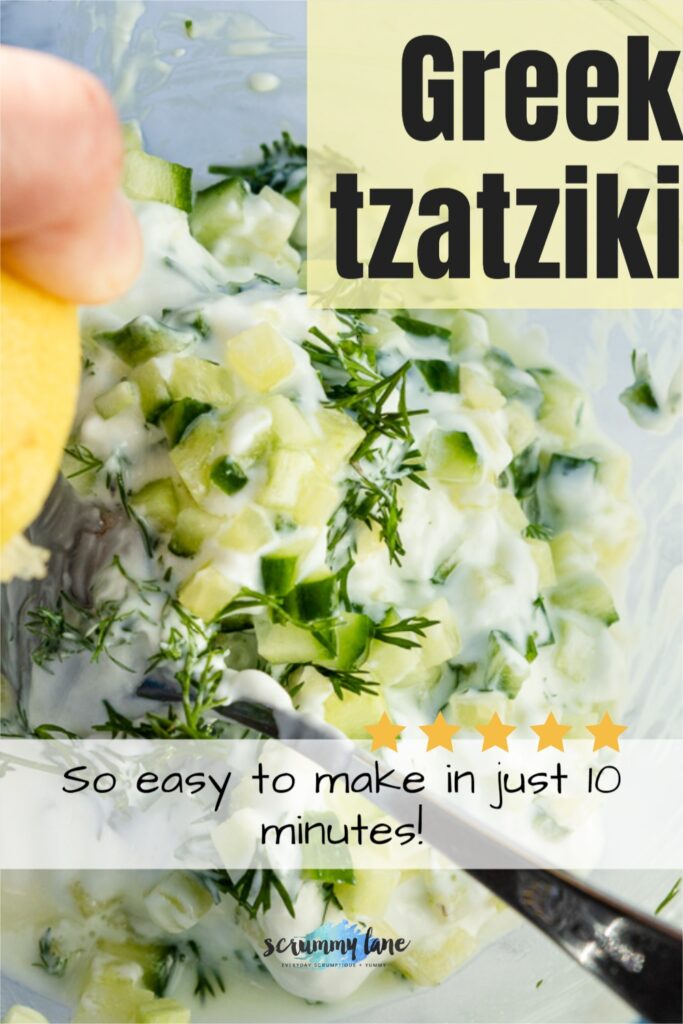 Someone squeezing a lemon into tzatziki ingredients with text on it saying Greek tzatziki so easy to make in 10 minutes for Pinterest.