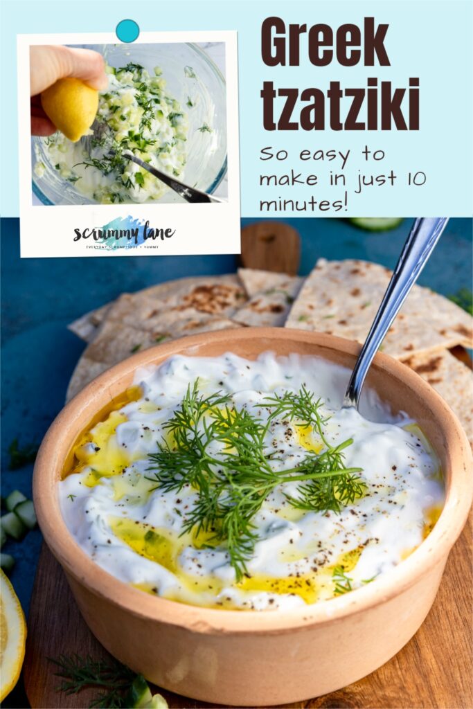 Pinterest pin with a ceramic bowl of tzatziki on a wooden board and a smaller image of tzatziki being made above and with a title on it that says Greek tzatziki so easy to make in 10 minutes.