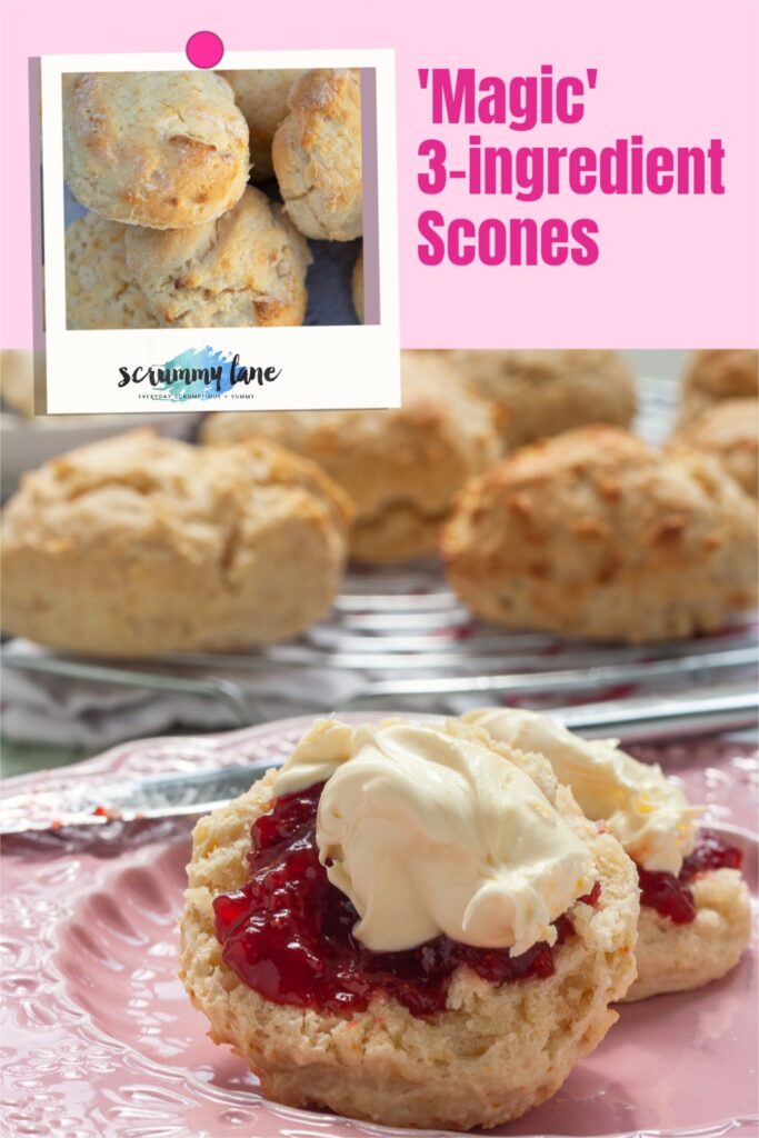 Closeup of a scone topped with jam and cream with a smaller image of just baked scones above and a title for Pinterest that says Magic 3 ingredient scones.