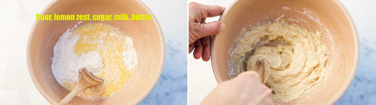 Overhead view of 2 images showing making lemon pudding batter in a large mixing bowl with a wooden spoon, first mixing the wet ingredients with the dry and second the finished batter.