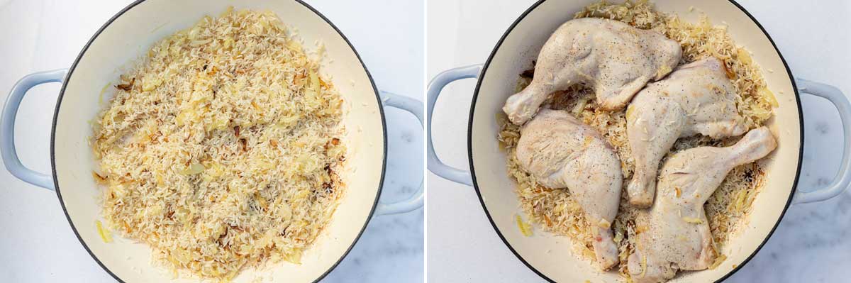 2 images side by side showing adding rice and browned chicken to onions in a cast iron pan to make stovetop chicken and rice.