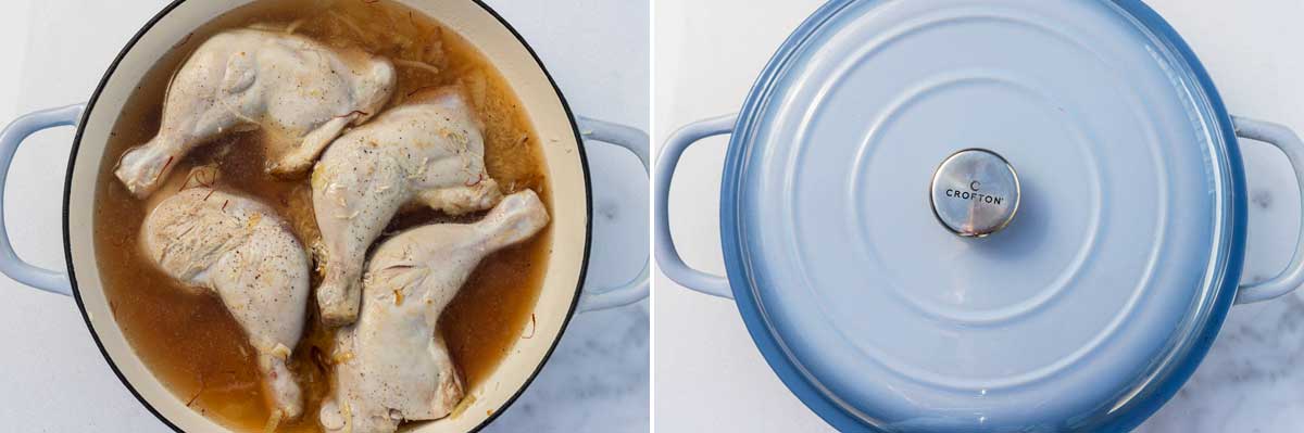2 images side by side showing chicken with broth in a blue cast iron pan and the same with the lid on.