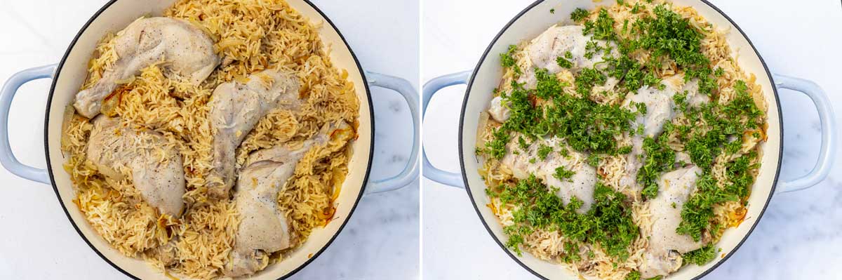2 images side by side showing chicken and rice cooked in a blue cast iron pan and the same sprinkled with fresh parsley.