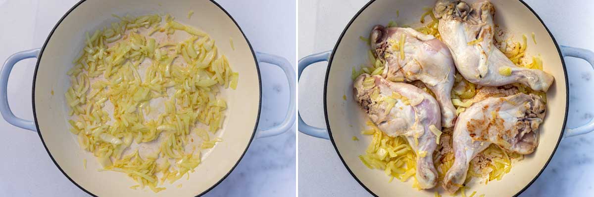 2 images side by side showing softening onions and browning chicken to make stovetop chicken and rice.