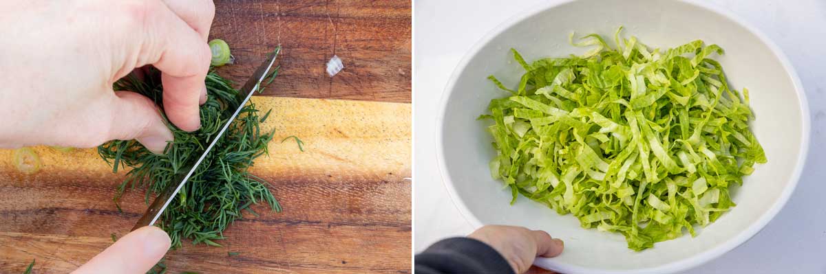 2 images side by side showing a closeup of someone chopping dill on a wooden board, and someone holding a white bowl of shredded lettuce on a white background.