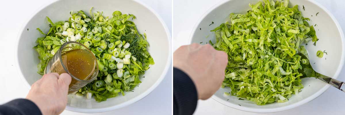 Two side by side images showing someone pouring dressing into a Greek lettuce salad in a big white bowl, and the same person tossing it with salad servers.