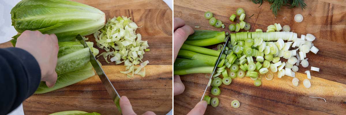 2 side by side images showing someone chopping lettuce and then salad onions on a wooden chopping board.