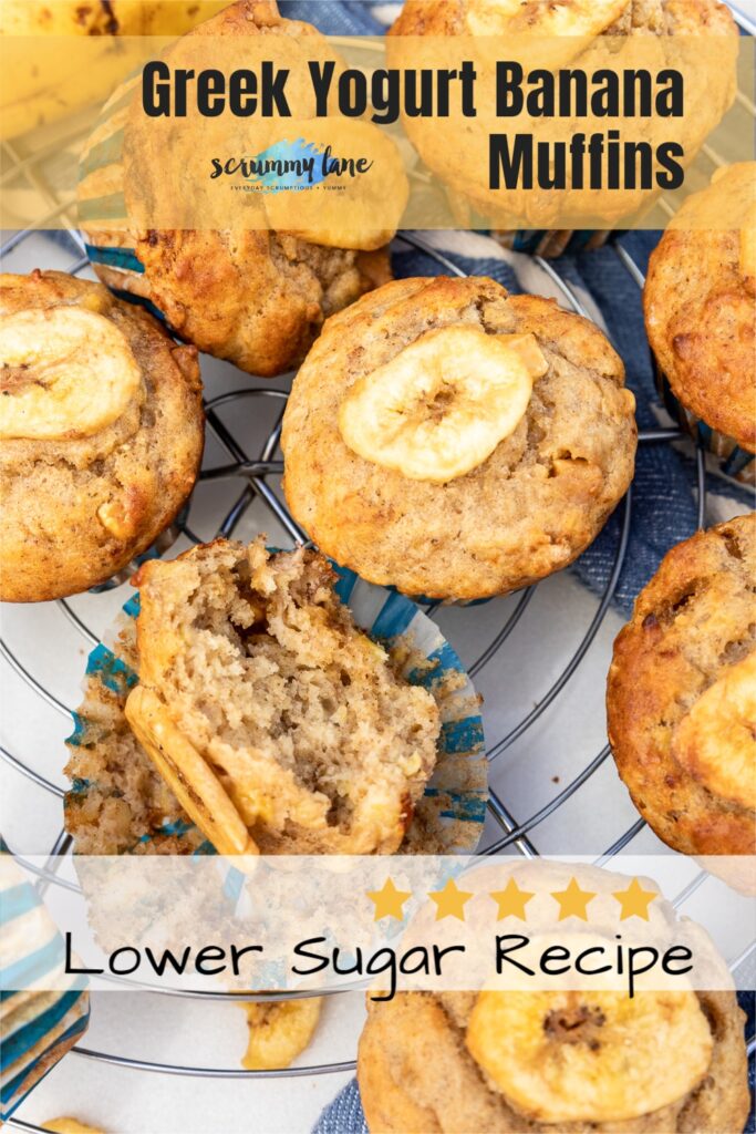 Closeup of some Greek yogurt banana muffins including one on its side torn open on a wire rack with a title on for Pinterest that says Greek yogurt banana muffins lower sugar recipe.