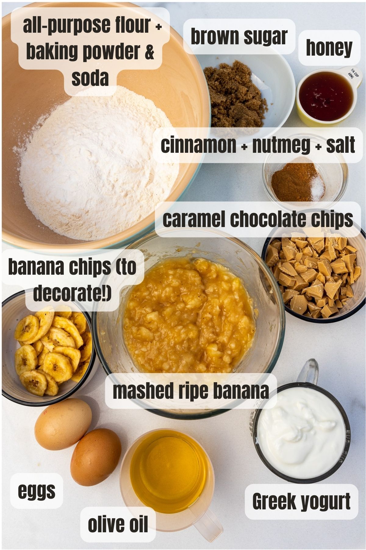 overhead view of all the ingredients for Greek yogurt banana muffins including Greek yogurt, all-purpose flour, baking powder, baking soda, eggs, olive oil, brown sugar, honey, spices, and caramel chocolate chips.