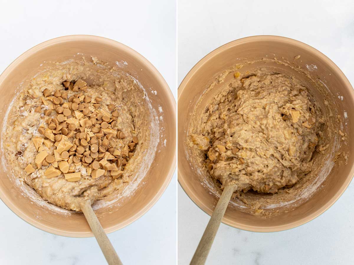Collage of 2 images showing overhead of batter for Greek yogurt banana muffins before and after stirring in the caramel chocolate chips.