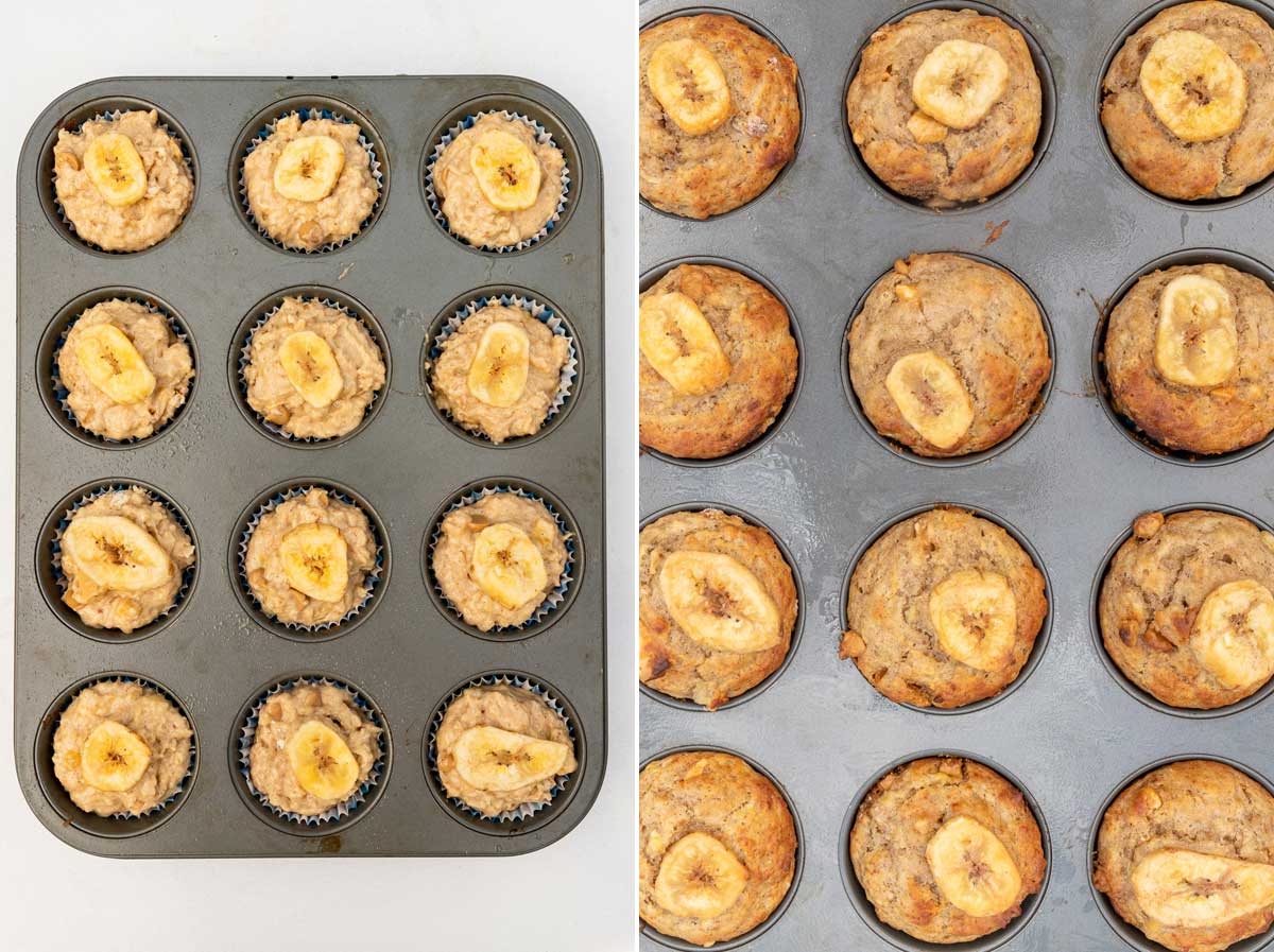 Collage of 2 images showing Greek yogurt banana muffins about to go in the oven and just cooked.