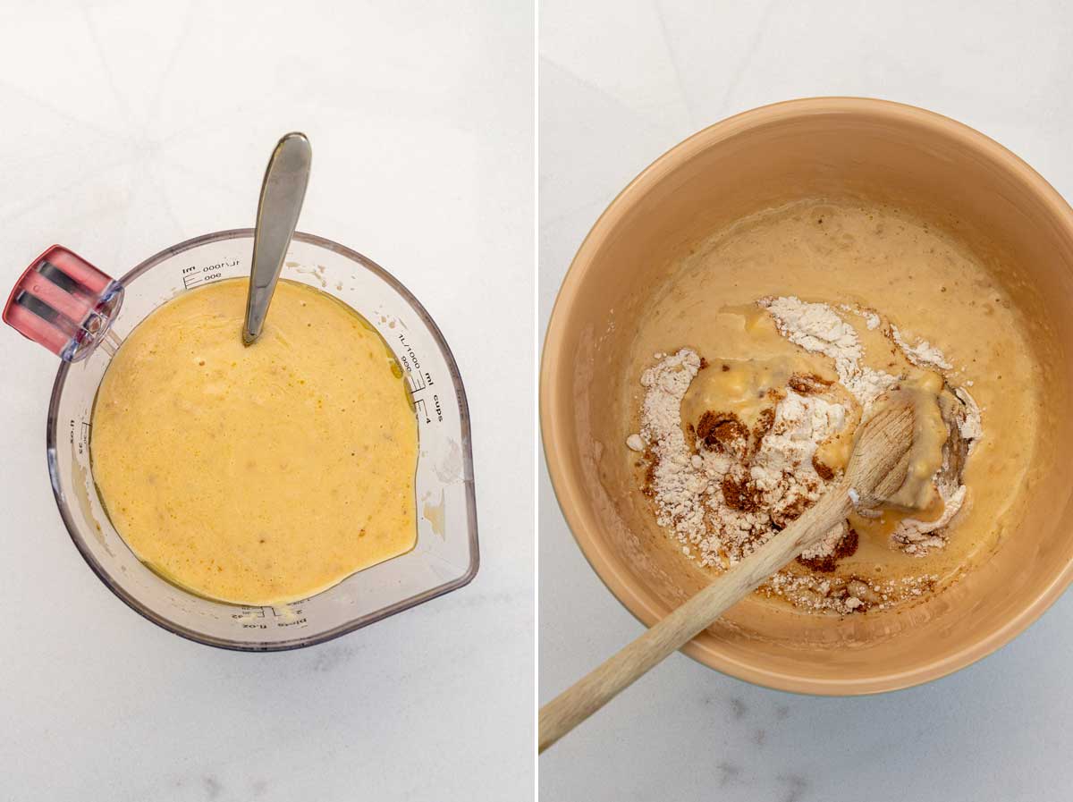 Collage of 2 images showing all the wet ingredients for banana muffins in a jug and the wet ingredients poured into the dry in a big mixing bowl with a wooden spoon.