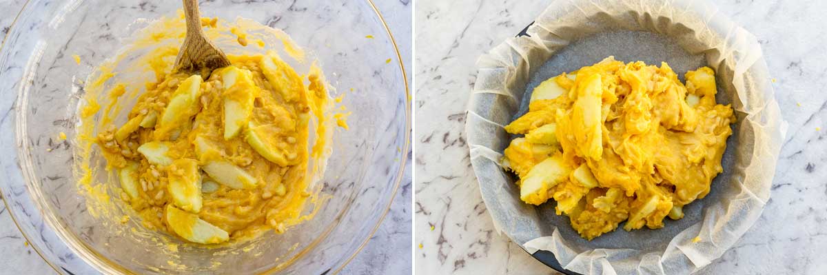 2 side by side images showing overhead of mixing the batter for a simple Italian apple cake and then emptying it into the cake pan on a marble background.