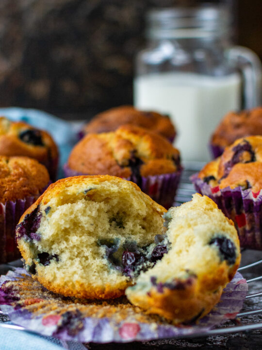 The inside of a fluffy Greek yogurt blueberry muffin on a paper liner and dark background with a light blue tea towel in front and more muffins and milk in the background.