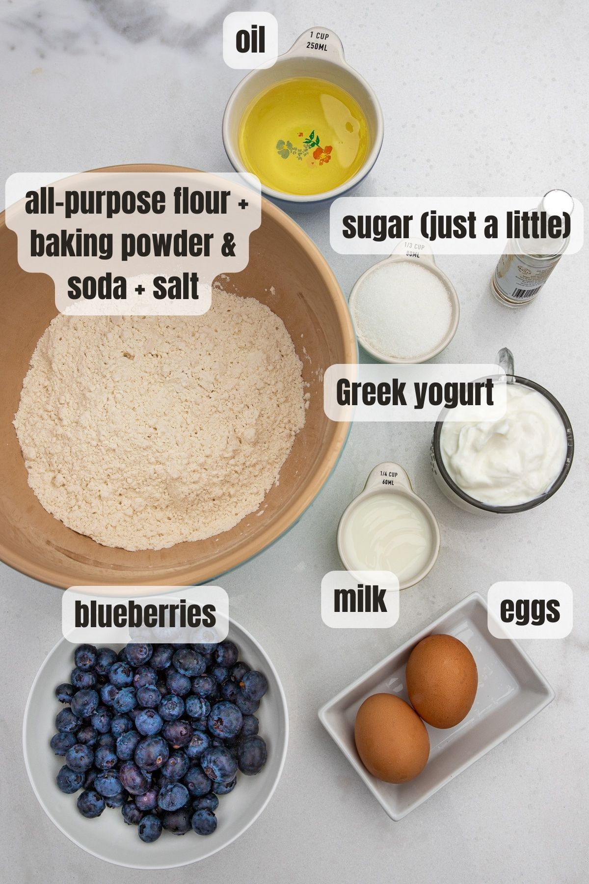 Overhead view of all the ingredients needed to make Greek yogurt blueberry muffins including blueberries, eggs, milk, Greek yogurt, flour, baking powder, baking soda and salt, oil and sugar.