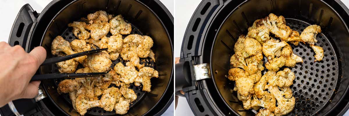 A due of 2 overhead images showing someone placing seasoned cauliflower florets in an air fryer basket, and also the cauliflower part way through cooking.