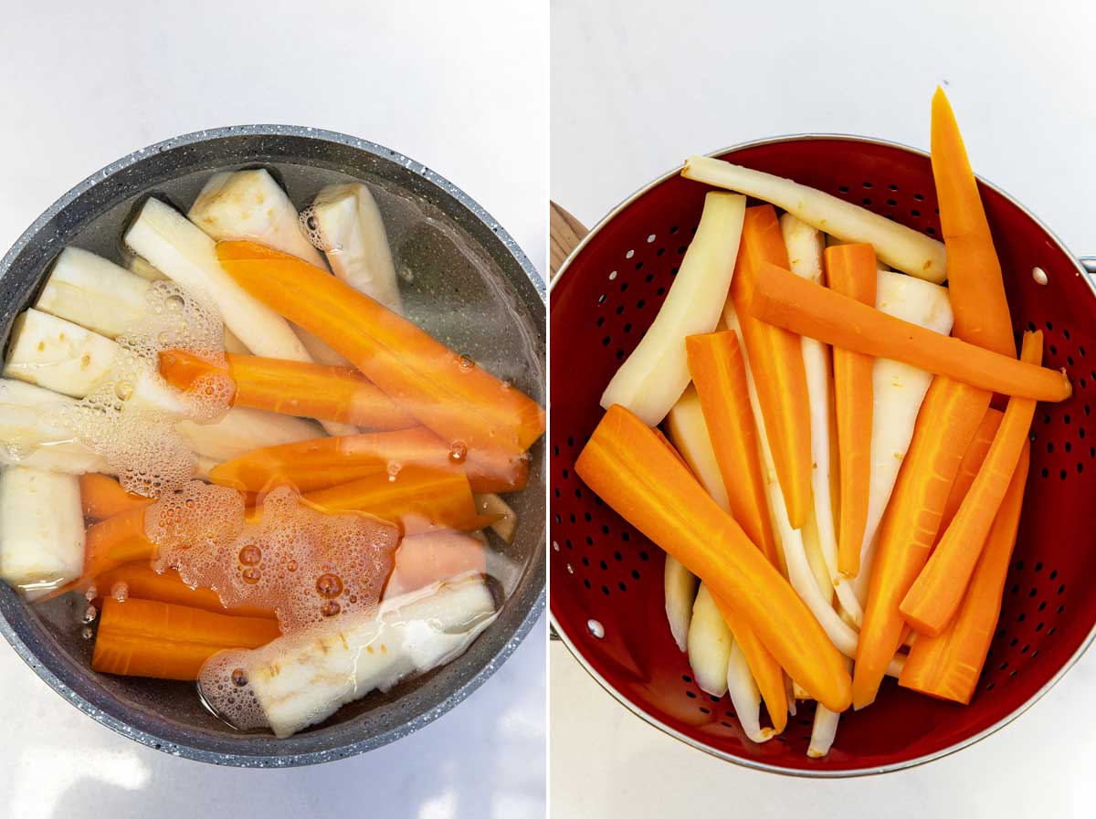 Collage of 2 images showing chopped parsnips and carrots boiling in a pan and the vegetables draining in a red colander.