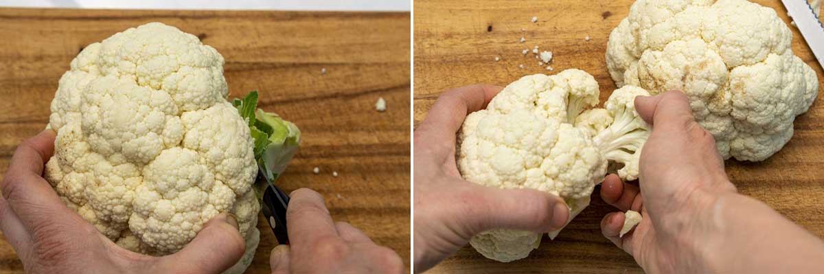 Duo of overhead images showing someone's hand chopping the stalk off a head of cauliflower on a wooden board, and breaking florets off.