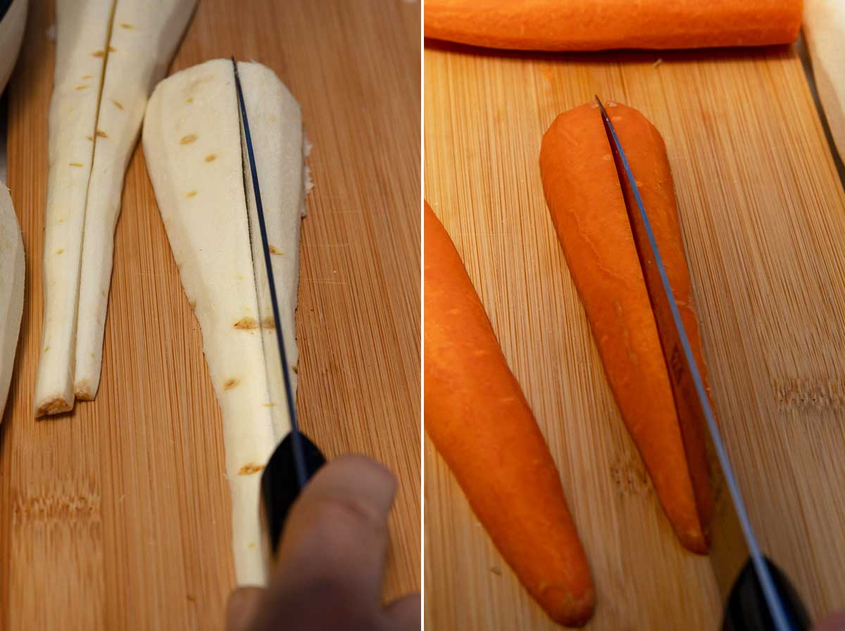 Collage of 2 images showing someone cutting parsnips and carrots into quarters on a wooden board.