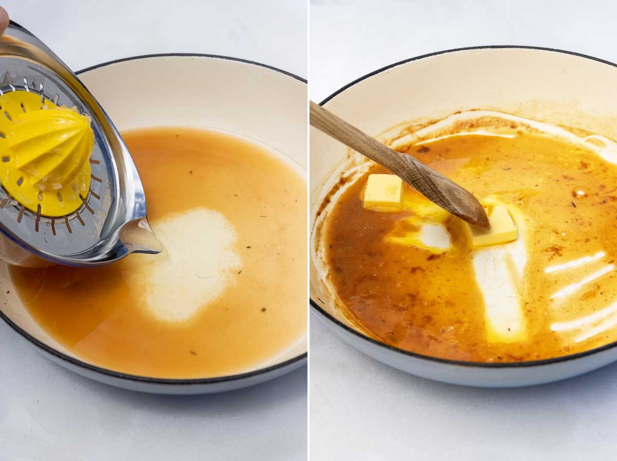 Closeup of collage of 2 images showing someone pouring lemon juice into chicken broth in a wide pan and someone swirling butter into the same pan with a wooden spoon.