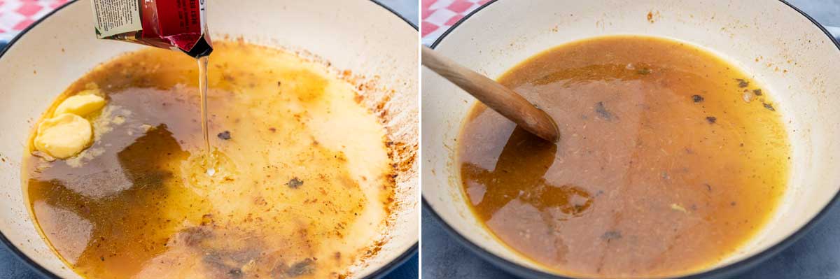 Collage of 2 images showing closeup of someone pouring butter, lemon juice and chicken broth into a cast iron pan and stirring it with a wooden spoon.