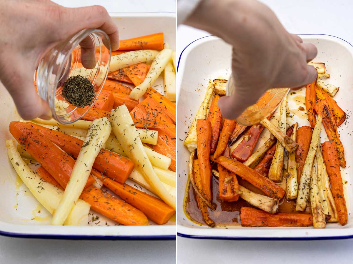 A collage of 2 images showing someone adding herbs to parboiled carrots and parsnips and then adding honey marinade to part cooked ones.