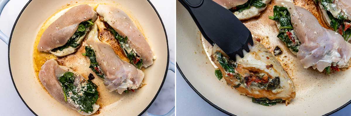Collage of 2 images showing closeup of overhead of raw stuffed chicken breasts in a cast iron pan and then with someone turning them over with black kitchen tongs.