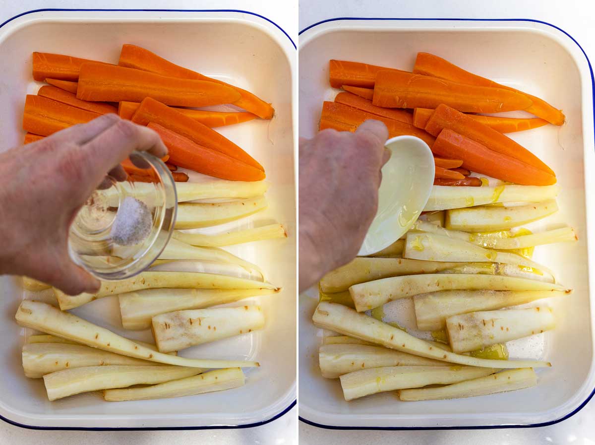 Collage of 2 images showing someone pouring salt and pepper and olive oil into a dish of parsnips and carrots.