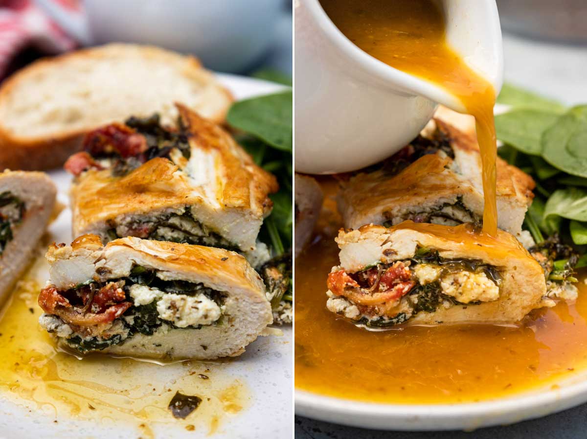 Collage of 2 images showing closeup of sliced spinach feta stuffed chicken on a white plate and again with someone pouring lemon butter sauce over it.