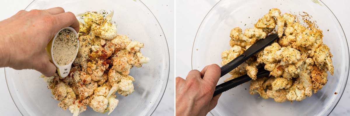 Duo of 2 overhead images showing someone pouring panko breadcrumbs over cauliflower florets in a glass bowl on a marble background, and tossing the cauliflower with black tongs.