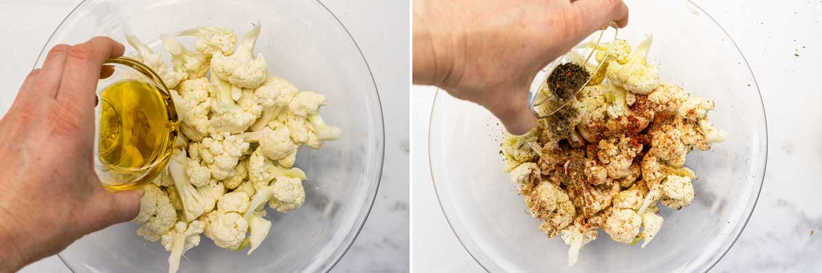 Duo of 2 overhead images showing someone's hand pouring olive oil and a mix of herbs and spices into cauliflower florets in a glass bowl on marble background.