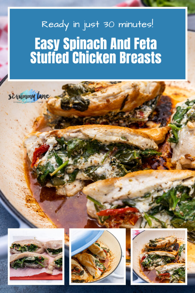Closeup of spinach and feta stuffed chicken breasts in a pan with 3 smaller images at the bottom showing the raw stuffed breasts, the chicken in a blue pan, and another image of the cooked chicken in a pan, with a title on it at the top.