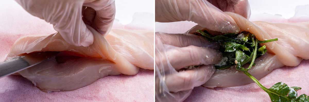 Collage of 2 images of closeup of someone slicing a pocket in a chicken breast and stuffing it with spinach feta stuffing.