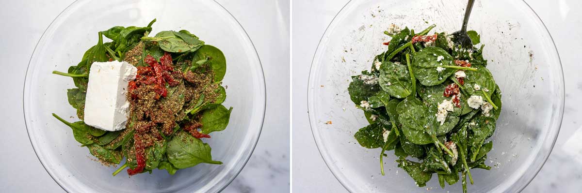 Collage of 2 images showing all ingredients for stuffing chicken breasts in a glass bowl on marble background including baby spinach, feta cheese, sundried tomatoes, and dried oregano before being mixed together and after.