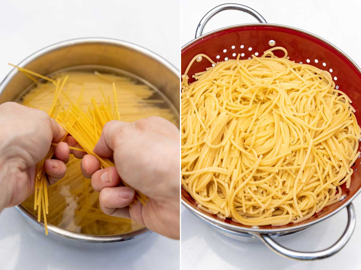 Collage of 2 images showing someone breaking spaghetti into a large saucepan and the cooked spaghetti drained in a big red colander.