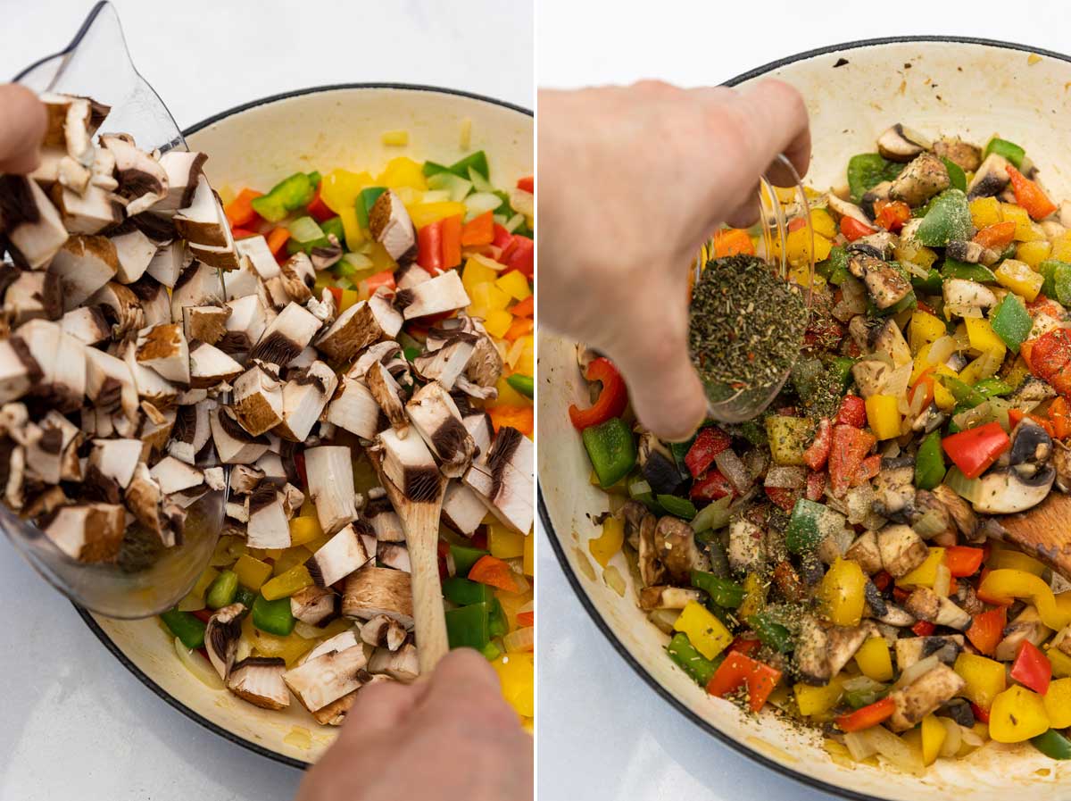 Collage of 2 images showing someone adding chopped mushrooms to peppers and onions in a big pan and adding mixed dried herbs to the cooked vegetables.