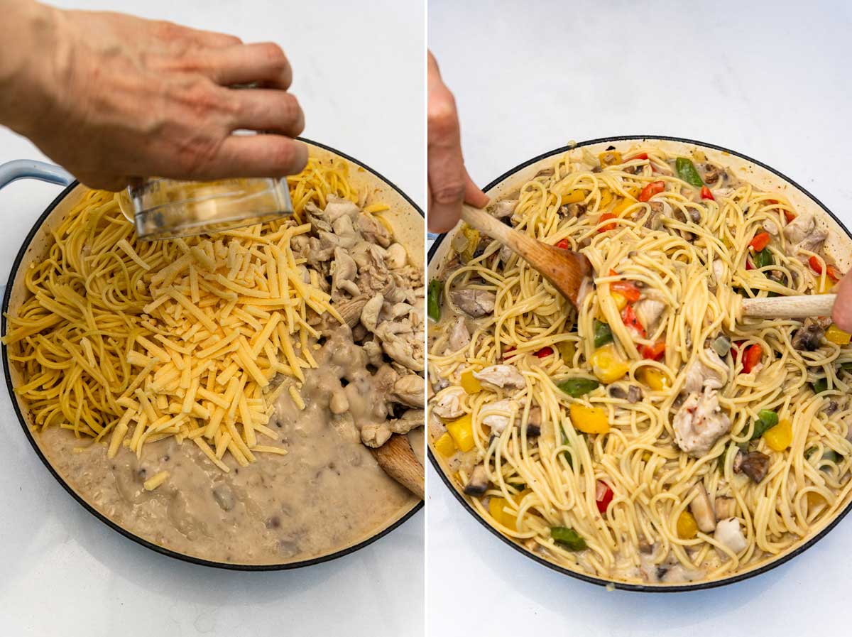 Collage of 2 images showing mixing together all ingredients for chicken spaghetti in a cast iron pan and then tossing them together with wooden spoons.