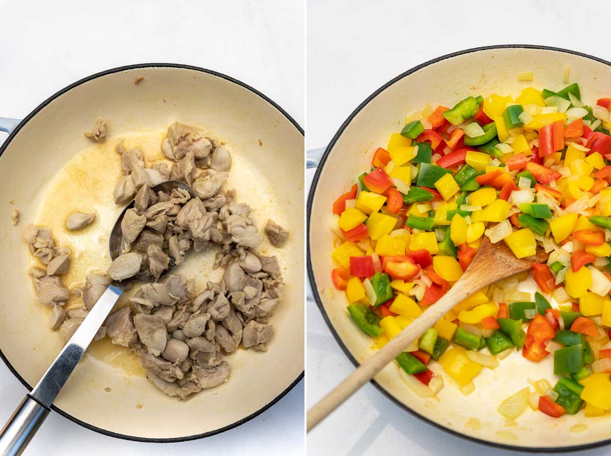 Collage of 2 images showing cooked chicken pieces in a large pan and cooked multi-colored peppers and onions in the same pan.