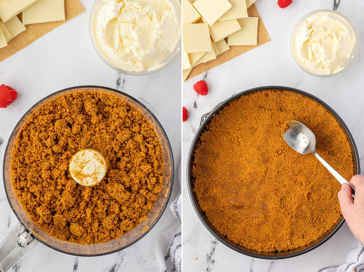 Collage of 2 images showing cookie crumbs in a food processor from above and someone smoothing the crumbs mixed with butter into a round pan.