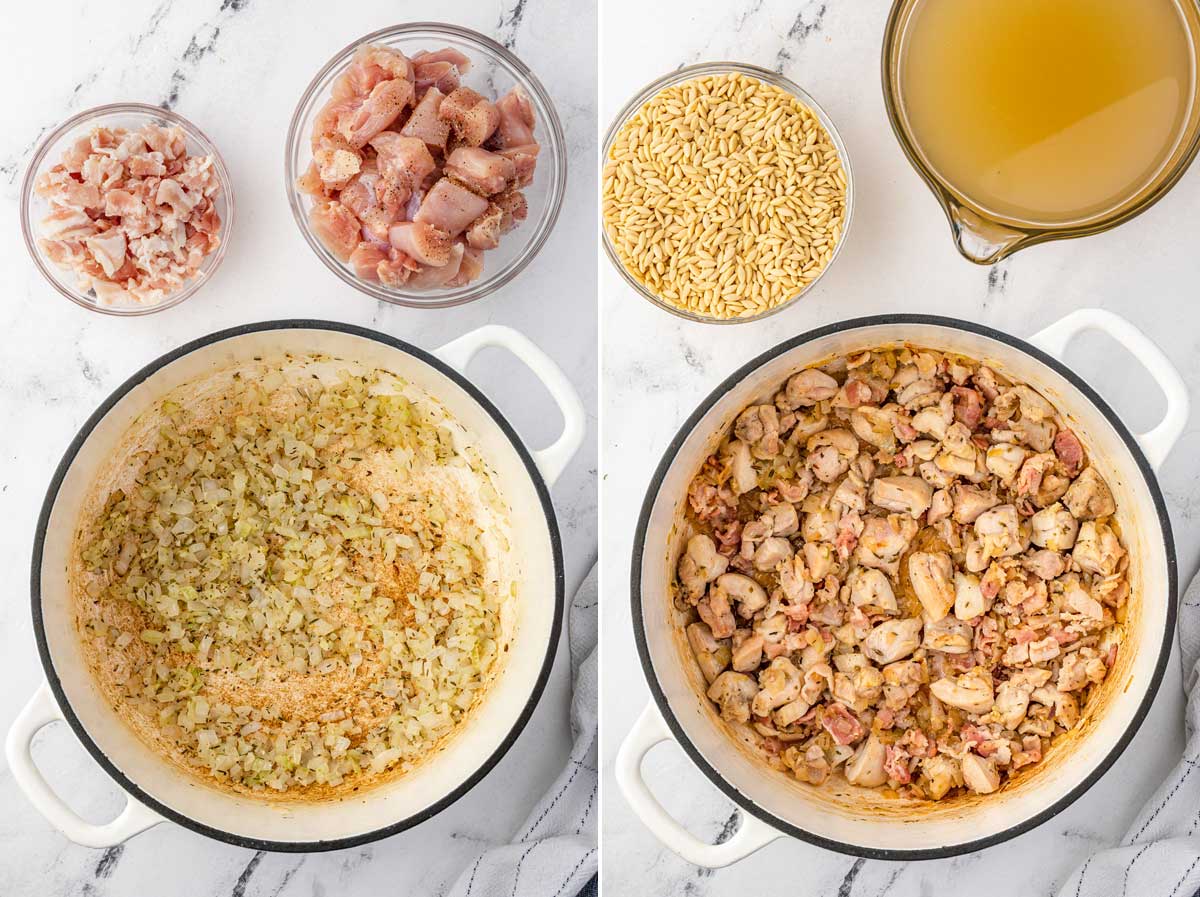 Collage of 2 images showing chopped onions cooked in a white cast iron pan with chicken and bacon above, and the same pan with added chicken with orzo and chicken broth above.