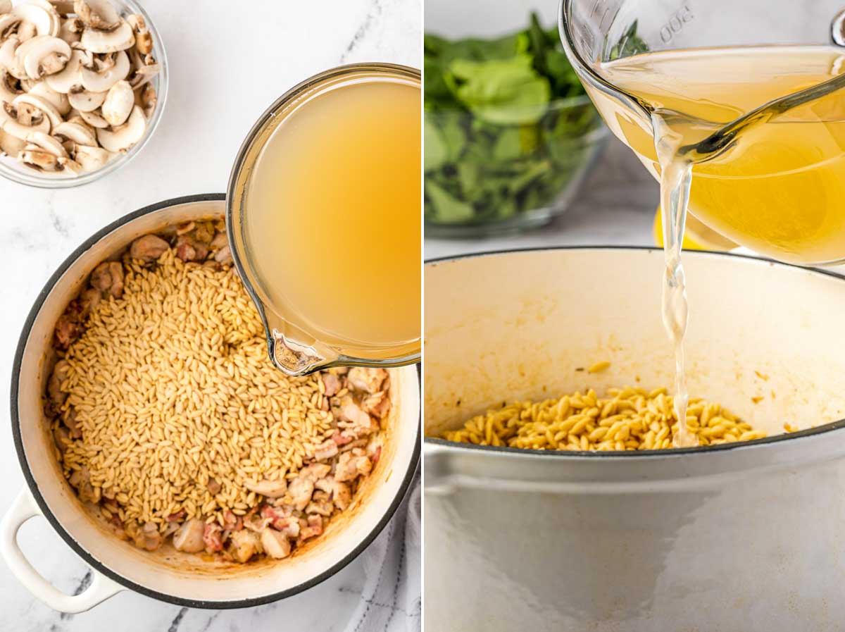 Collage of 2 images showing pouring chicken broth into a pan of chicken and orzo and the same from a different angle, both on a marble background.