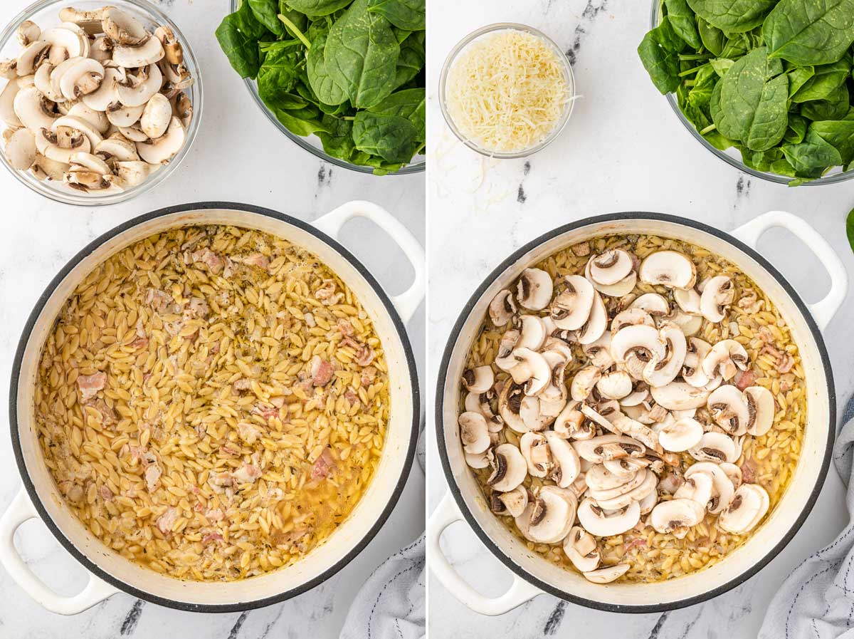 Collage of 2 images showing orzo and onion in white cast iron pan with chicken broth and the same with mushrooms in on a marble background and with a bowl of spinach and cheese at the top