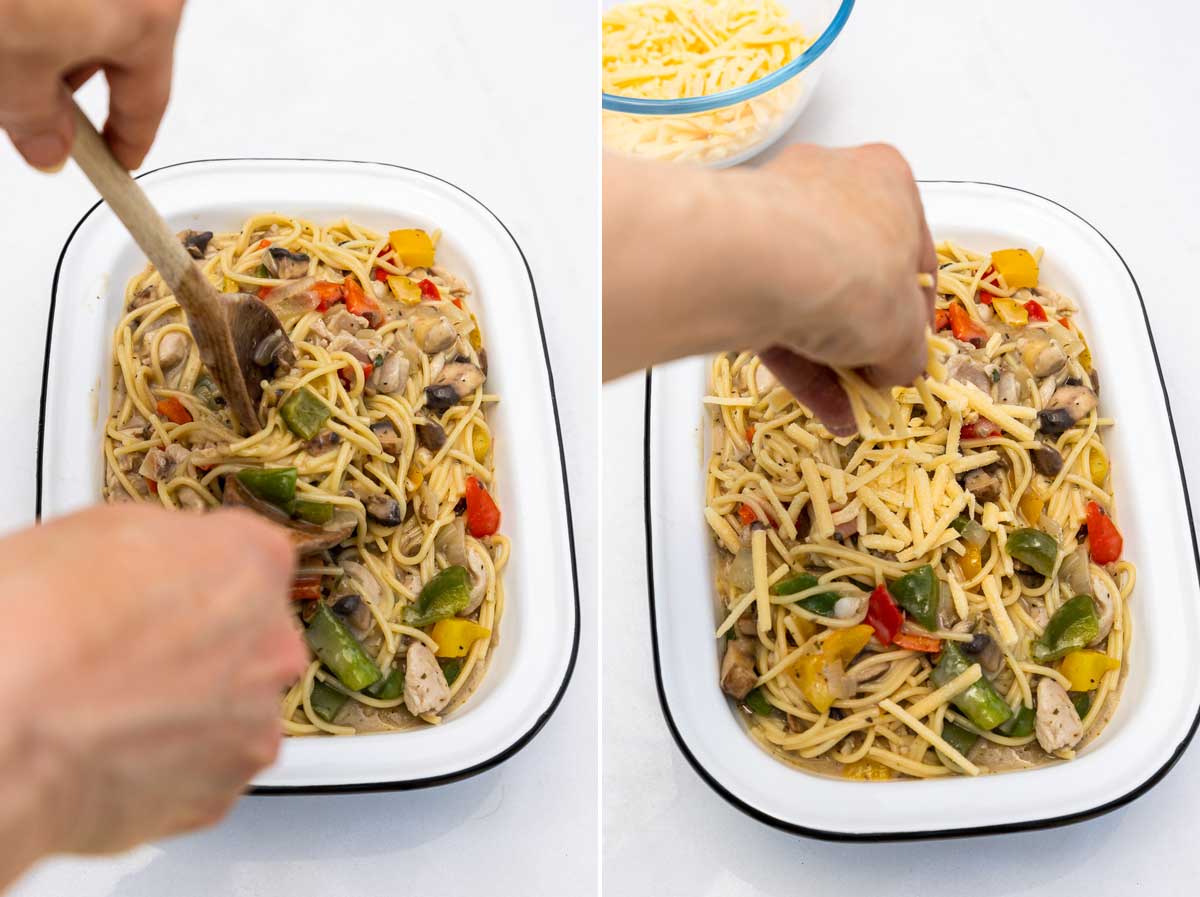 Collage of 2 images showing someone putting chicken spaghetti into a white baking dish and then sprinkling the top with grated cheese, all on a white background.