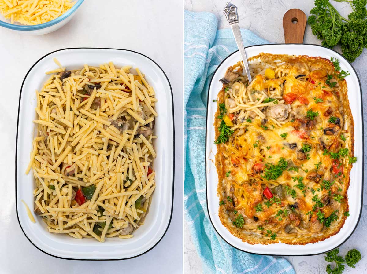 Collage of 2 images showing overhead views of baked cheesy chicken spaghetti on a pale background uncooked and when it's baked just out of the oven with a spoon in it.