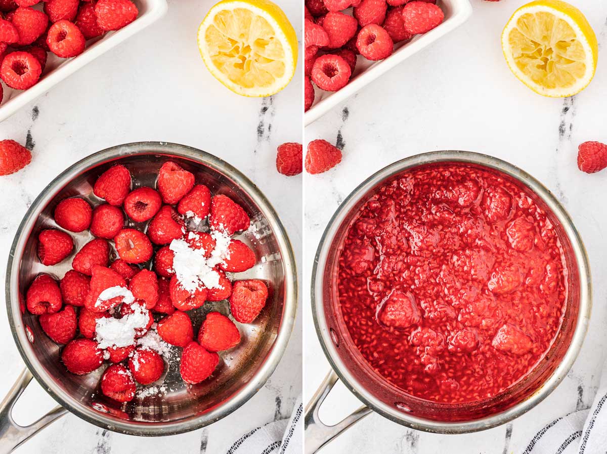 Collage of 2 images showing fresh raspberries, icing sugar and lemon juice in a saucepan, and the ingredients cooked down to a liquid, all on a marble background.